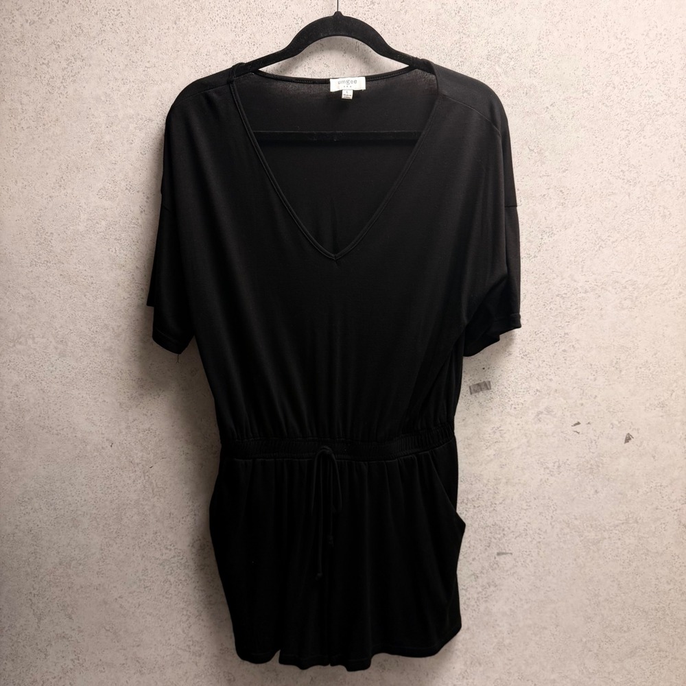 Umgee Large Women Black Minimalist Travel‎  Elastic Drawstring Waist Soft Romper